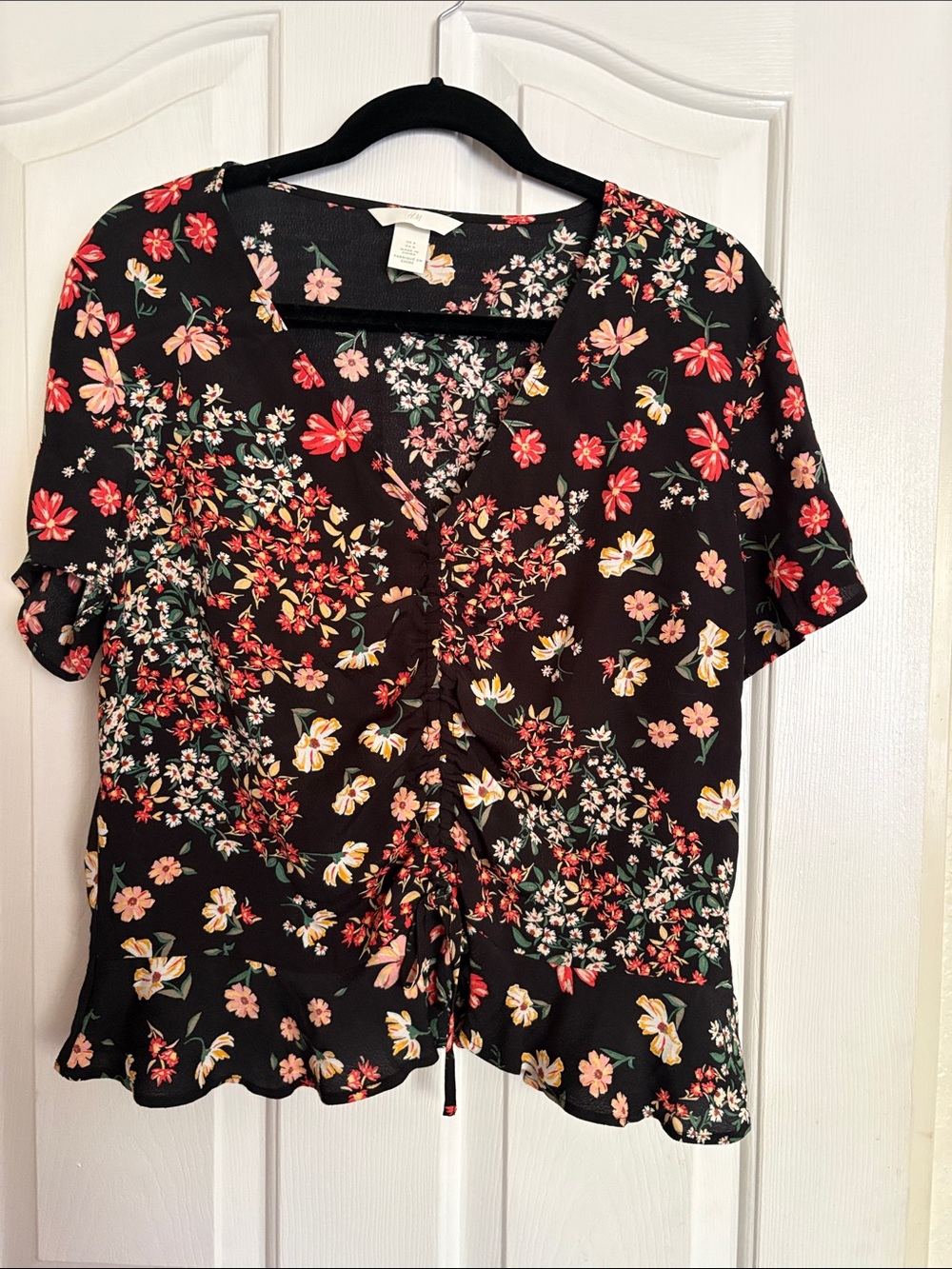 H&M Black Floral Tie-Front Blouse with Pink & Red Flowers